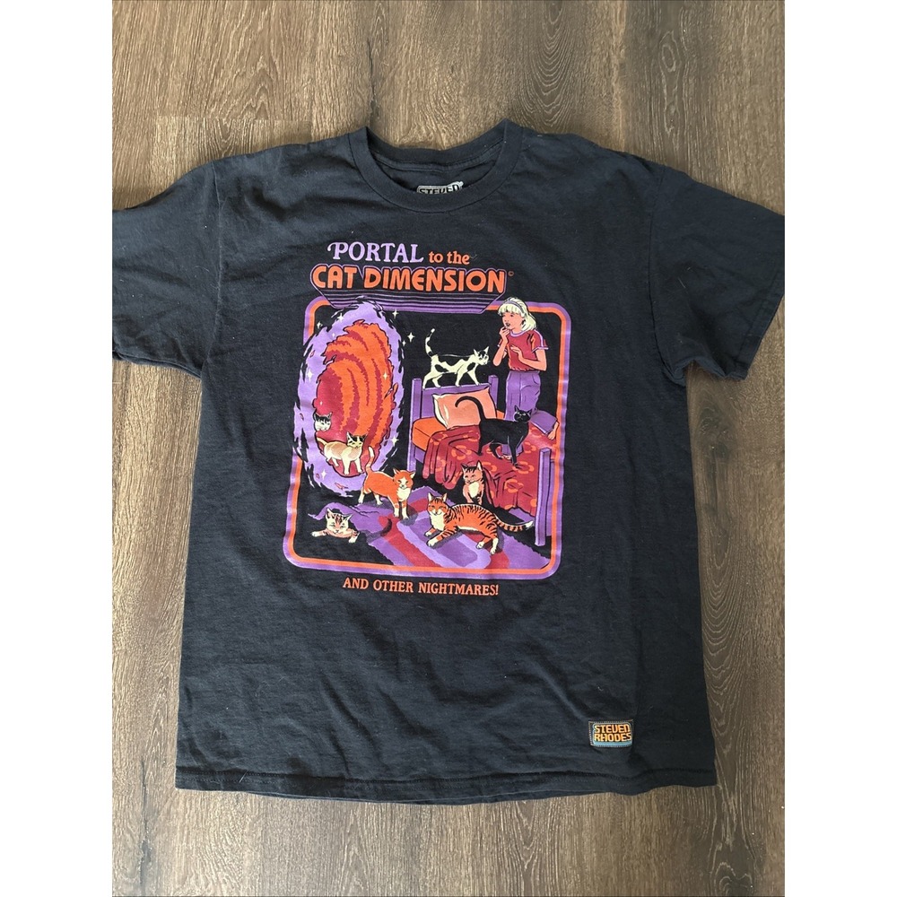 Steven Rhodes Shirt Mens Medium Black Portal to the Cat Dimension Graphic Tee L